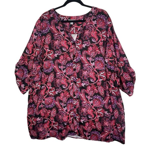 Catherines Blouse 2X Paisley Pink Black Button Up Blouse 3/4 Sleeve Boho Fairy - Picture 1 of 10